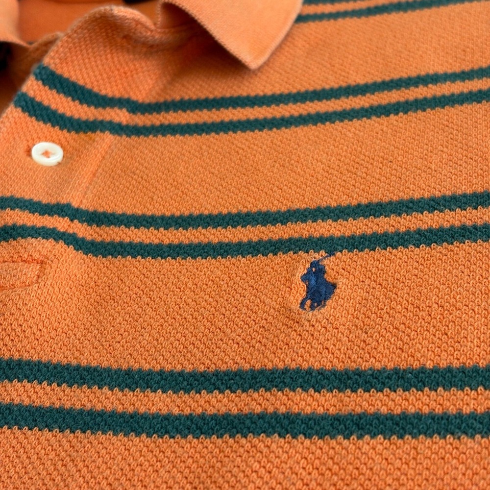 VTG Polo Ralph Lauren Striped Polo Shirt Mens L Orange Green Soft Mesh Cotton